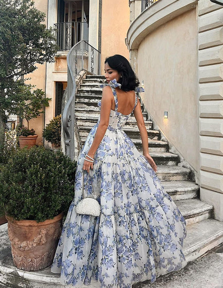 Floral Off-the-shoulder Strap Lace-up Large Swing Skirt Organza Dress - ANIBEY