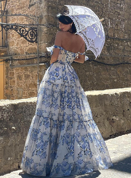 Floral Off-the-shoulder Strap Lace-up Large Swing Skirt Organza Dress - ANIBEY