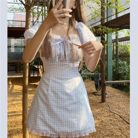 Girly Style Lace Puff Sleeve Blue Plaid Dress - ANIBEY