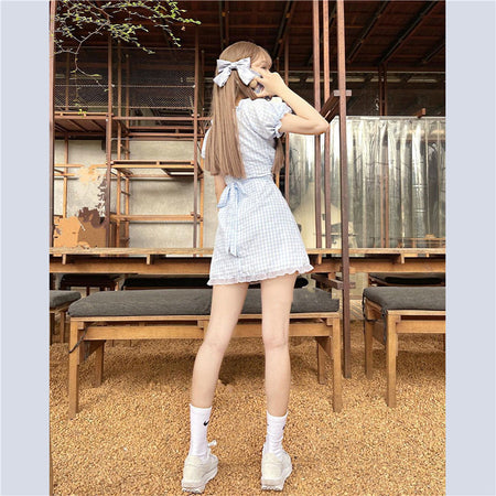 Girly Style Lace Puff Sleeve Blue Plaid Dress - ANIBEY