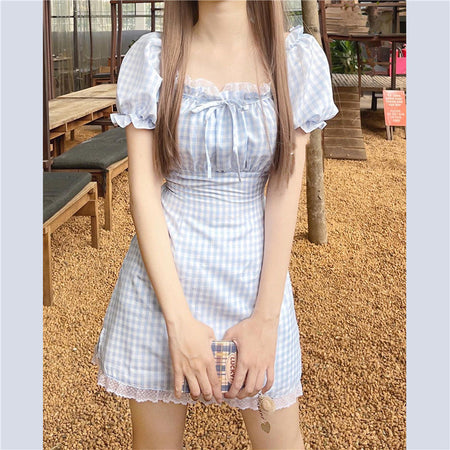 Girly Style Lace Puff Sleeve Blue Plaid Dress - ANIBEY