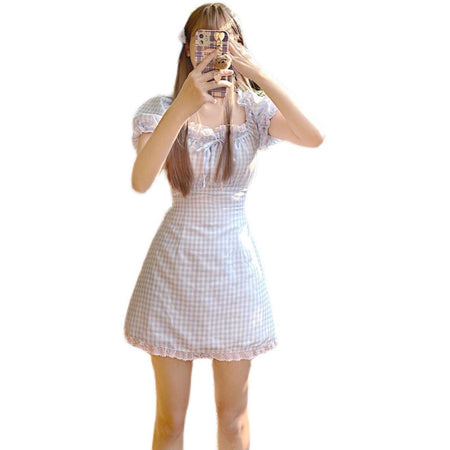 Girly Style Lace Puff Sleeve Blue Plaid Dress - ANIBEY