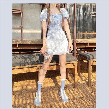 Girly Style Lace Puff Sleeve Blue Plaid Dress - ANIBEY