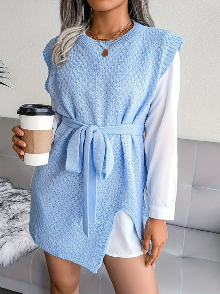 Lace Up Split Hem Knitted Sweater Dress, Versatile Crew Neck Cap Sleeve Plain Color Dress, Women's Clothing - ANIBEY