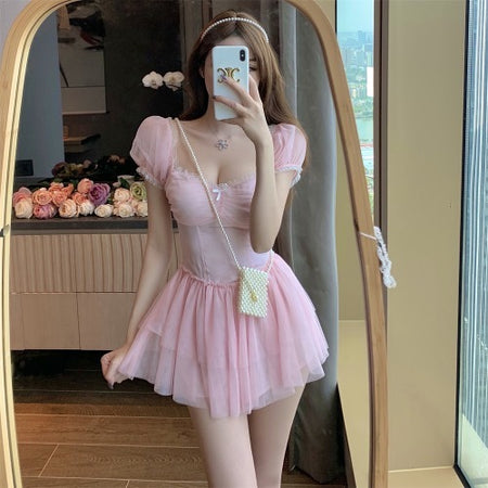 Net Yarn Sweet First Love Dress New Style Square Neck Waist A-line Skirt Sexy Short Skirt - ANIBEY