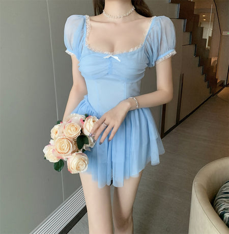 Net Yarn Sweet First Love Dress New Style Square Neck Waist A-line Skirt Sexy Short Skirt - ANIBEY