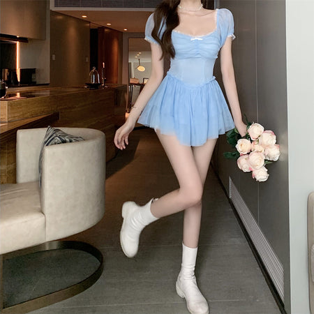 Net Yarn Sweet First Love Dress New Style Square Neck Waist A-line Skirt Sexy Short Skirt - ANIBEY