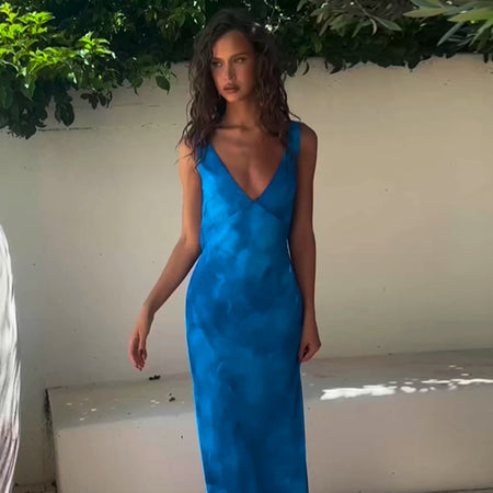 Sexy Backless Slim Fit Long V-neck Tie-dye Print Dress - ANIBEY