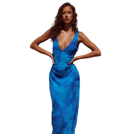 Sexy Backless Slim Fit Long V-neck Tie-dye Print Dress - ANIBEY