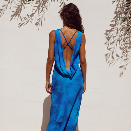 Sexy Backless Slim Fit Long V-neck Tie-dye Print Dress - ANIBEY