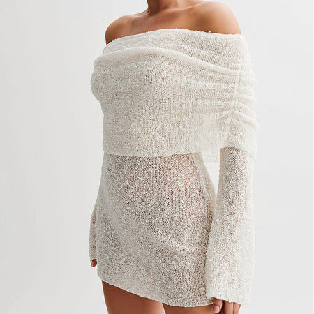 Skirt Knitted Hollow Chest Wrap Off-shoulder Dress - ANIBEY