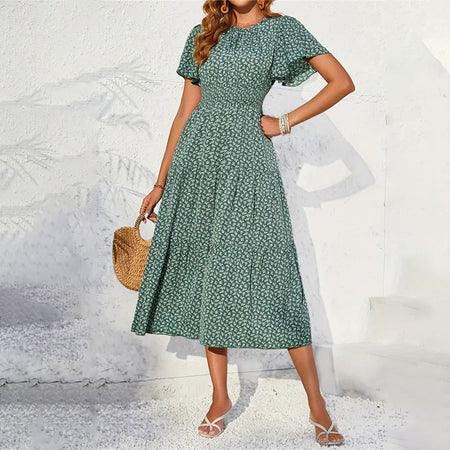 Women Lotus Sleeve Long Floral Dress - ANIBEY