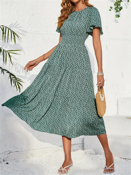 Women Lotus Sleeve Long Floral Dress - ANIBEY
