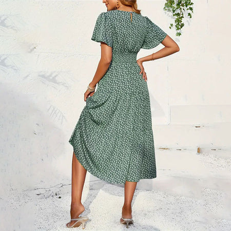 Women Lotus Sleeve Long Floral Dress - ANIBEY