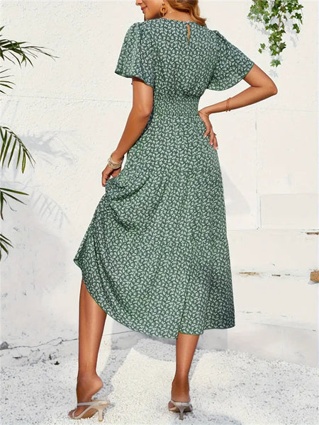 Women Lotus Sleeve Long Floral Dress - ANIBEY
