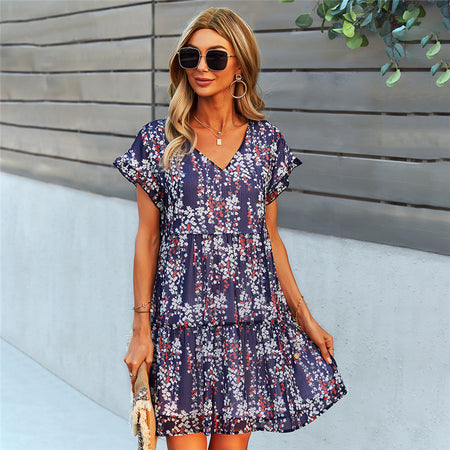 Women Ruffle Loose Short Chiffon Dress - ANIBEY