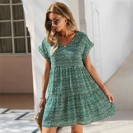 Women Ruffle Loose Short Chiffon Dress - ANIBEY