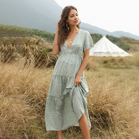 Women's Ruffled Floral Bohemian Dress - ANIBEY