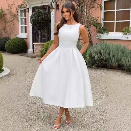 Women's Sling Long Backless Dignified Round Neck Swing Dress - ANIBEY