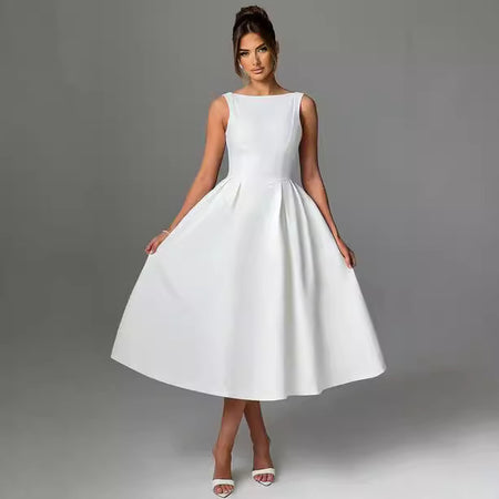 Women's Sling Long Backless Dignified Round Neck Swing Dress - ANIBEY