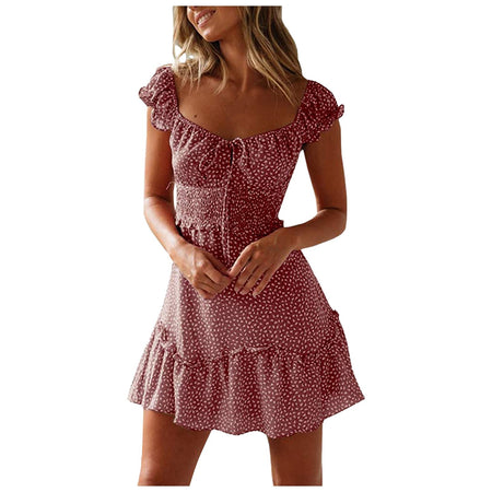 New Splicing Ruffled Floral Skirt Short-sleeved Printed U-Neck And High-Waisted Dress - ANIBEY