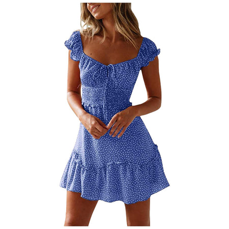 New Splicing Ruffled Floral Skirt Short-sleeved Printed U-Neck And High-Waisted Dress - ANIBEY