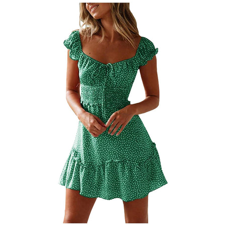 New Splicing Ruffled Floral Skirt Short-sleeved Printed U-Neck And High-Waisted Dress - ANIBEY