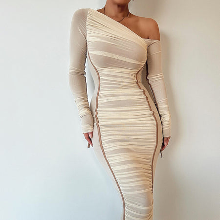 Summer Women's Diagonal Collar Long Sleeve High Waist Mesh Dress - ANIBEY