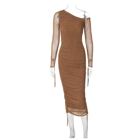 Summer Women's Diagonal Collar Long Sleeve High Waist Mesh Dress - ANIBEY
