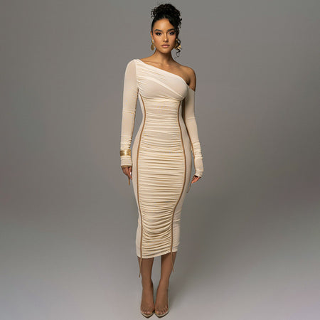 Summer Women's Diagonal Collar Long Sleeve High Waist Mesh Dress - ANIBEY