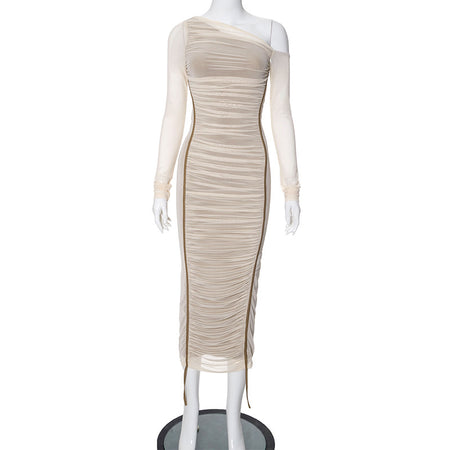 Summer Women's Diagonal Collar Long Sleeve High Waist Mesh Dress - ANIBEY