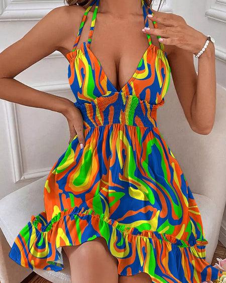 Selling Women's Clothes Deep V Strap Wooden Ear Shirring Backless Sexy Dress - ANIBEY
