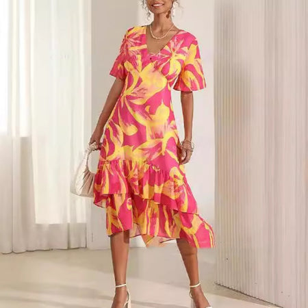Women's Fashion Ruffles Printed Dress - ANIBEY