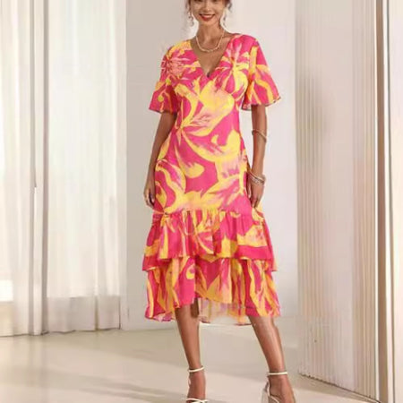 Women's Fashion Ruffles Printed Dress - ANIBEY