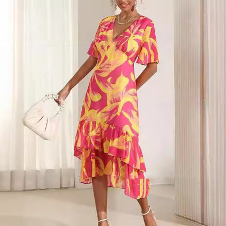 Women's Fashion Ruffles Printed Dress - ANIBEY