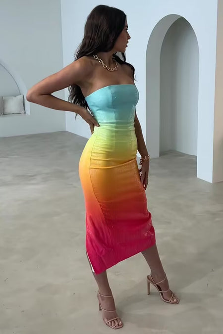 European And American Women's Clothing Fashion Sexy Figure Tube Top High Waist Gradient Color Dress Women - ANIBEY