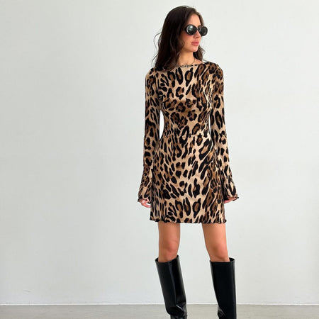 Sexy Backless Leopard Print Dress Retro Lace Up Slimming Basic Wooden Ear Decorative Skirt - ANIBEY