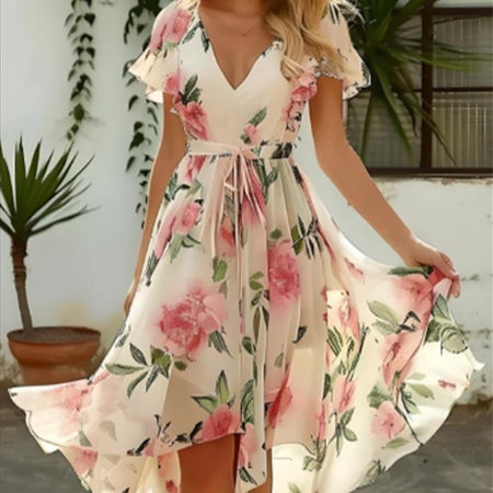 V-neck Mid-length Slim-fit Printed Dress - ANIBEY
