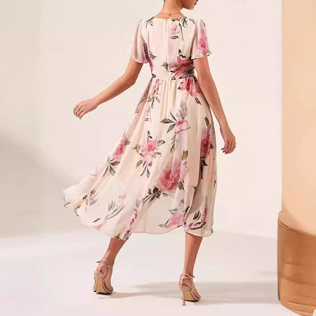 V-neck Mid-length Slim-fit Printed Dress - ANIBEY