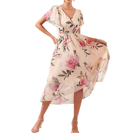 V-neck Mid-length Slim-fit Printed Dress - ANIBEY