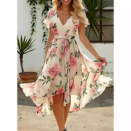 V-neck Mid-length Slim-fit Printed Dress - ANIBEY