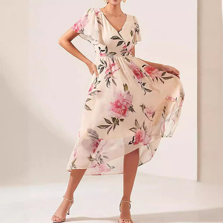 V-neck Mid-length Slim-fit Printed Dress - ANIBEY