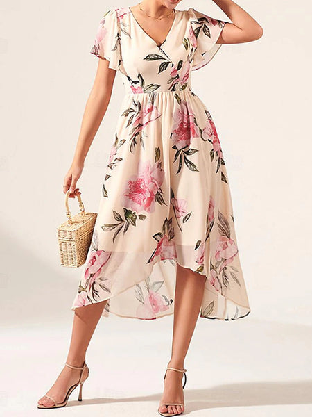 V-neck Mid-length Slim-fit Printed Dress - ANIBEY