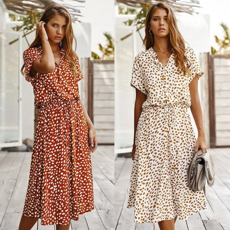 Short-sleeved lace casual elastic waist cotton floral dress - ANIBEY