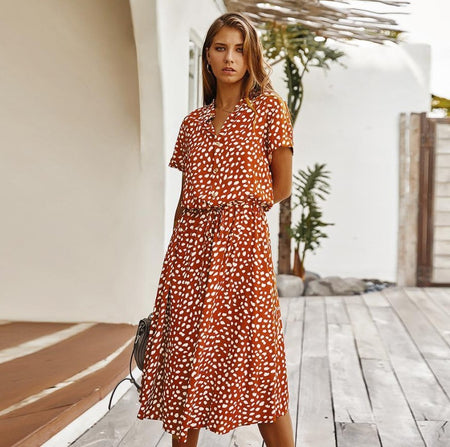 Short-sleeved lace casual elastic waist cotton floral dress - ANIBEY