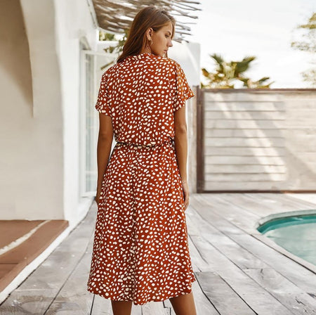 Short-sleeved lace casual elastic waist cotton floral dress - ANIBEY