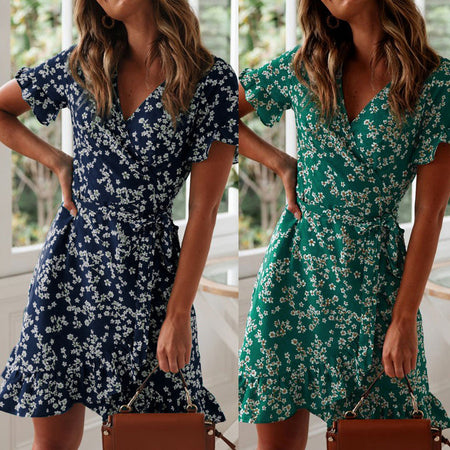 Printed V-neck Lace-up Chiffon Floral Dress - ANIBEY