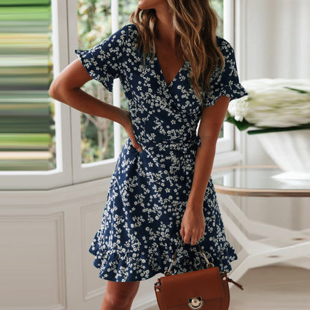 Printed V-neck Lace-up Chiffon Floral Dress - ANIBEY
