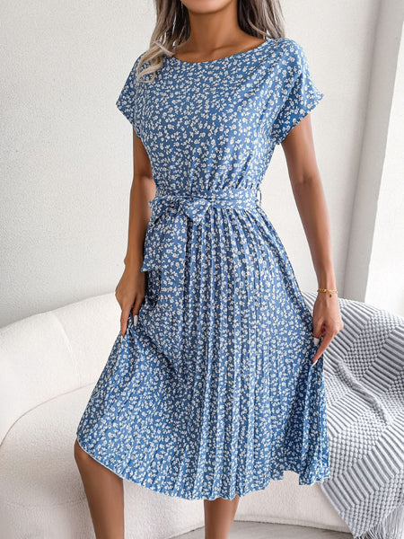 Spring And Summer New Casual Short-sleeved Floral Large Hem Pleated Skirt - ANIBEY