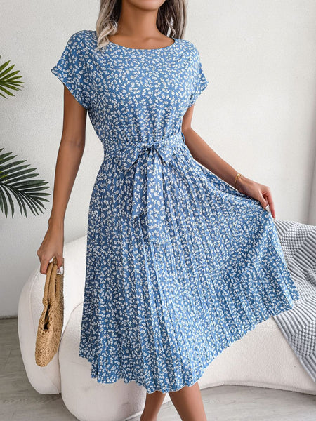 Spring And Summer New Casual Short-sleeved Floral Large Hem Pleated Skirt - ANIBEY